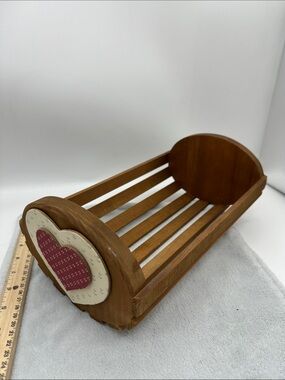 Vintage Handcrafted Wooden Slatted Cradle Basket with Heart Accent